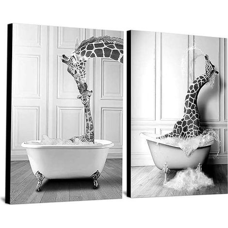 Affiche murale sur toile sans cadre, 2 pièces 60 x 90 cm, motif girafe dans un bain pour décoration intérieure (1/3)