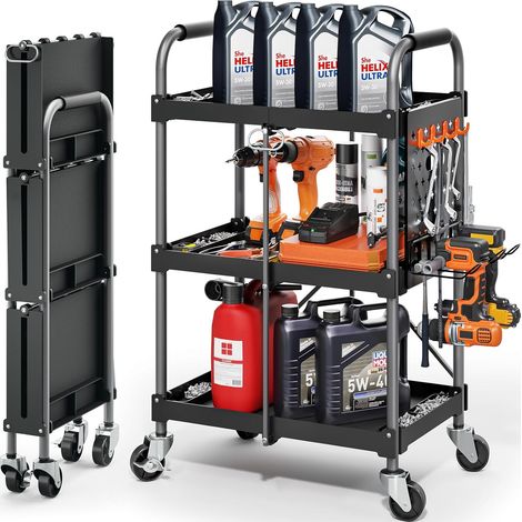 Chariot à roulettes 3 Niveaux poignée Ergonomique, Chariot de Service Pliable avec étagère organisatrice, idéal pour la Maison, Le Bureau, Le Garage, l'entrepôt l'atelier de réparation, Noir (1/5)