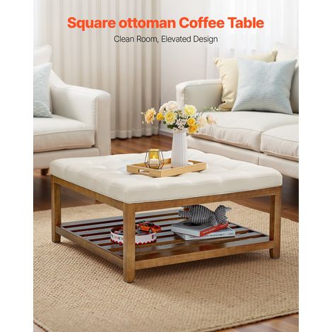Grande table basse carrée capitonnée en lin, 875 mm, repose-pieds rembourré avec étagère de rangement en bois massif, capacité de p… (1/5)