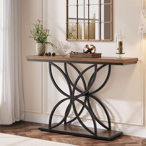 Tribesigns Tavolo consolle industriale per ingresso 120 cm divano con base in metallo a farfalla unica per ingresso corridoio rustico marrone e nero (1/5)