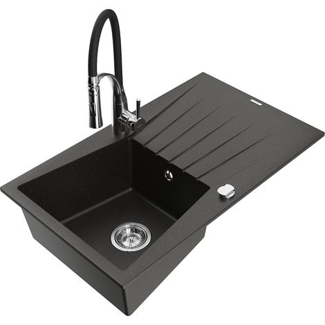 Mexen Cesar lavello in granito a 1 vasca con sgocciolatoio e rubinetto da cucina Aster, nero/oro metallizzato - 6514-75-73450-07 (1/5)
