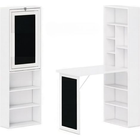 Escritorio plegable de pared con estantería y pizarra, MDF y madera de pino, blanco y negro, HOMVRA (1/5)