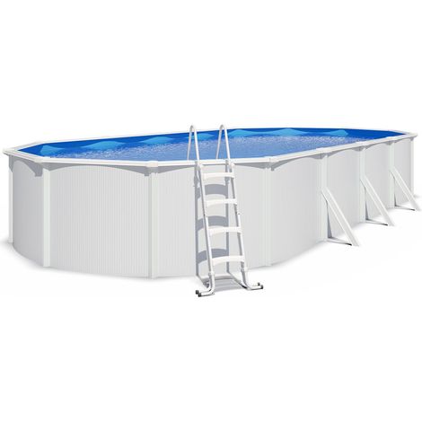 Trigano – Piscine hors sol acier ovale 9,15 x 4,55 x 1,32 m – Paroi galvanisée – Liner bleu 42/100ème – Échelle antidérapante – Kit filtration inclus