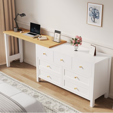 MODFU – Escritorio esquinero giratorio 360° 120x40x70 cm con cómoda de 7 cajones de aglomerado para oficina o dormitorio – Blanco/roble (1/5)