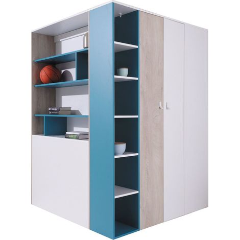 Armario de rincón Camteso 113, Blanco + Roble + Turquesa, 190x135x135cm, Puertas de armario: Con bisagras, Número de estantes: 12, LED