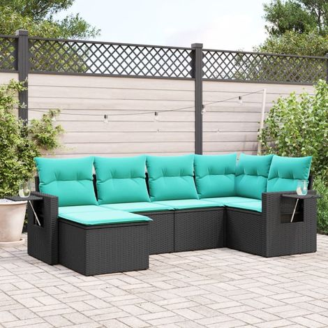 Salon de jardin modulable 6 pièces en résine tressée noire avec coussins bleus, 50kg - PANGIVO (1/5)