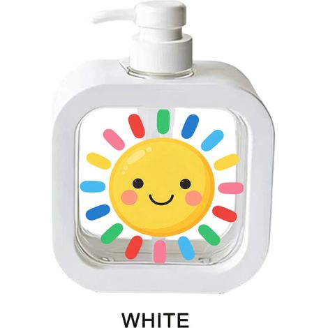 Distributeur de savon (blanc, 500 ml) : motif soleil souriant et rayons colorés, idéal pour la salle de bain, la cuisine et la décoration intérieure. Usage quotidien. (1/5)