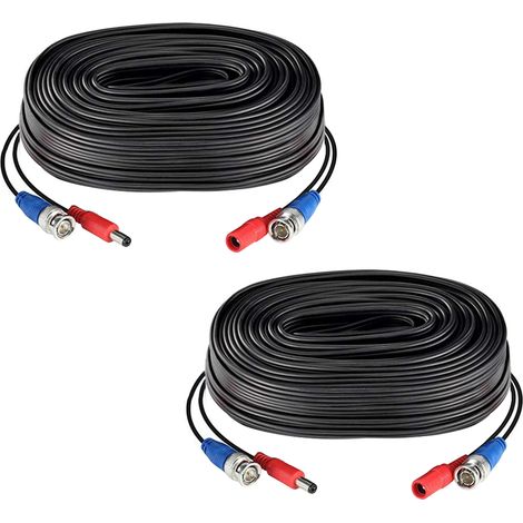 Paquete de 2 cables de alimentación de vídeo 2 en 1 negros de 18,3 m (60 pies) con conector BNC para cámaras de vigilancia domésticas y sistemas DVR. (1/5)