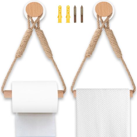 Lot de 2 PortePapier Toilette Mural en Bois et Corde Design Rustique, Sans Perçage, Idéal pour Salle de Bain et Décoration Industrielle (1/5)