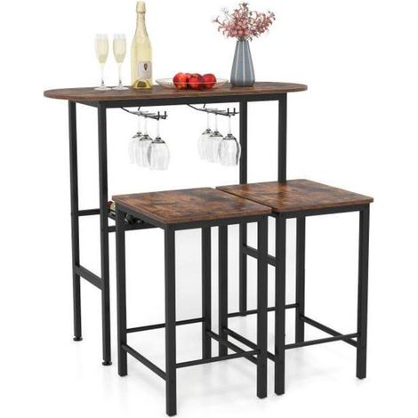 Pieds réglables, ensemble table haute 3 pièces avec porte-verres et casier à vin pour cuisine ou bar (1/5)
