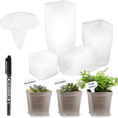 Lot de 30 pots de culture, transparents, avec soucoupe, en plastique, diamètre : 7 cm, mini pots carrés, pour semences, plantes succulentes, semis, blancs (1/5)