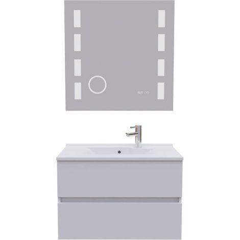 Meuble salle de bain 80 cm ROSALY avec plan vasque et miroir Excellence- Blanc- Plan vasque en Résine (1/5)