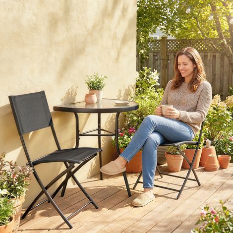 Ensemble bistro d'extérieur noir table en verre semi-circulaire mobilier de patio 3 pièces avec chaises pliantes finition de qualité