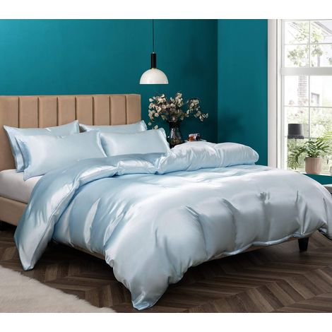 Parure de lit 5 pièces en Satin avec Housse de Couette et 4 taies d'oreiller pour lit Double/Grand lit, Bleu Layette avec Fermeture éclair, 1 Housse de Couette + 4 taies d'oreiller (1/5)