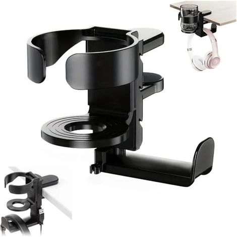 Porte Gobelet Bureau, Porte Casque Bureau, 2 en 1 Casque sous Bureau, Support Pivotant pour Support pour Gobelets Table pour Eau, (1/5)
