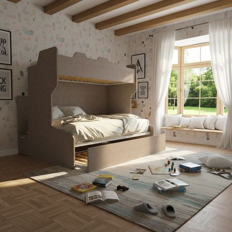 Letto a castello salvaspazio con scala contenitore - 1 Piazza e mezza + singolo - Grigio fumo (1/5)