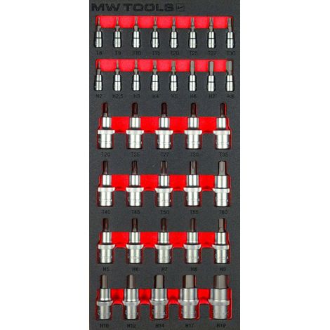 Mw Tools – Jeu de douilles à embouts Hex-Torx 1/2-1/4 – Coffret 36 pièces en mousse pour servante d'atelier – MWDBI141236