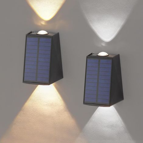 Lot de 2 lampes solaires de clôture - Lampes murales LED à énergie solaire - Avec lumière blanc chaud + blanc froid - Lampes solaires LED étanches pour cour, terrasse, toit, terrasse, escalier, (1/5)