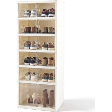 Meuble à chaussures blanc pliable 6 niveaux avec portes transparentes et fermeture magnétique pour entrée et dressing (1/5)