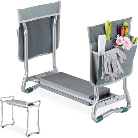 Relaxdays Panca Inginocchiatoio da Giardino, Pieghevole, max.150 kg, 2 Tasche, Imbottitura, 50x59x31,5cm, Argento Grigio (1/5)