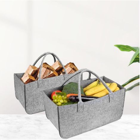 (50x25x25cm, 2pcs, Gris) Sac fourre-tout en feutre de laine pour panier à bois de chauffage, sac de courses, panier à bûches portable pliable et résistant à l'usure (1/4)