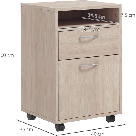 Meuble de bureau avec étagère ouverte et deux tiroirs, en bois et métal, 40x35x60cm, chêne. (1/5)