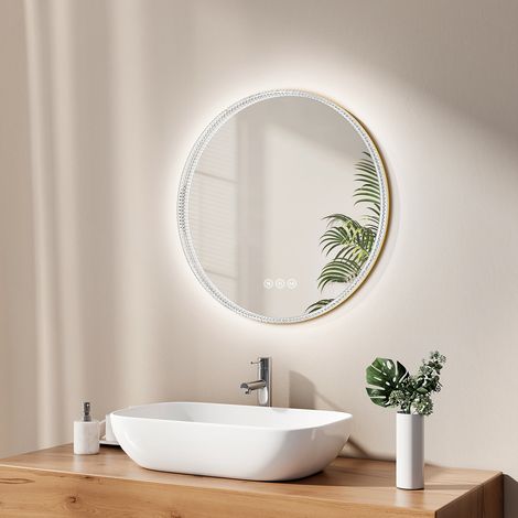 EMKE Specchio da bagno bordo acrilico, Diametro 60 cm, Interruttore touch Antiappannamento dimmerabile, Luce variabile dimmerabile, Dorato (1/5)
