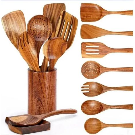Ensemble de 9 cuillères de cuisine, ustensiles de cuisine en bois avec support à couverts, ensemble d'ustensiles de cuisine en teck.