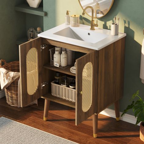 Meuble sous-vasque 61 cm avec portes en rotin, étagères fixes, vasque en céramique, MDF bois noyer (1/5)