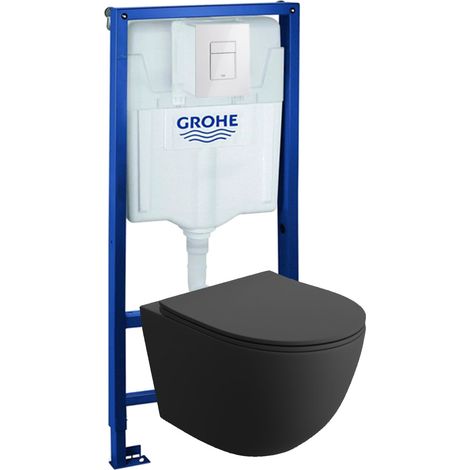 GROHE Bâti-support Solido + Lavita WC Sinto Black suspendu noir sans bord + panneau de commande Delta 25 blanc Kit complet WC