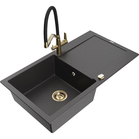 Mexen Leo lavello in granito a 1 vasca con gocciolatoio e miscelatore cucina Duo, nero punteggiato - 6501-76-671701-57-G (1/5)