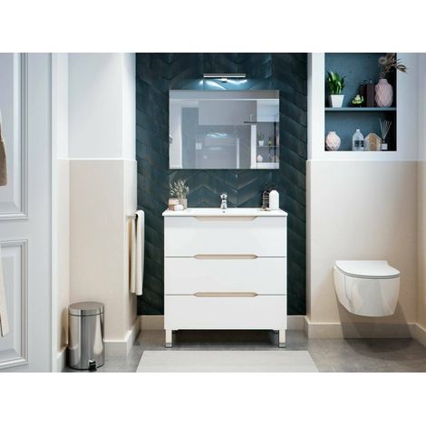 Dmora – Meuble sous vasque simple 80x45x86 cm – 3 tiroirs à ouverture amortie – Panneau mélaminé résistant – Design moderne blanc brillant