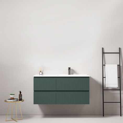 Mobile bagno sospeso cannettato 100 cm Verde Comodoro Lavabo a Destra in Ceramica Senza Specchio - Fiji Paint