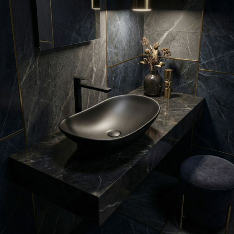 Swiss Aqua Technologies Set Aufsatzwaschbecken oval 61,5x36 cm schwarz matt + Einhebelmischer XL B-Way mit Hebel schwarz matt (SATINF61536BKM-BWAY)