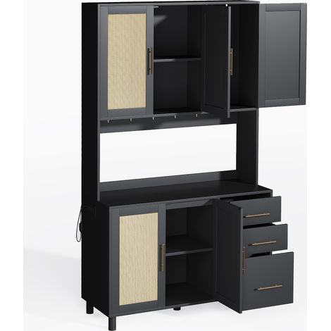 ELVMI Credenza da Cucina con 5 Ante e 3 Cassetti, LED, 2 Prese e USB, per Cucina, in MDF, Nero (1/4)