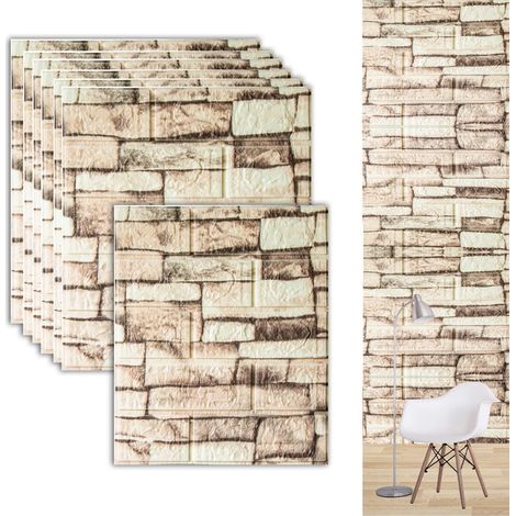Plaques murales autocollantes 3D 35×38 cm – Lot de 10 – Effet pierre rétro – Stickers muraux pour salon, chambre et cuisine – Blanc pierre (1/5)