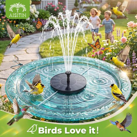 Fontaine Solaire pour Bain d'Oiseaux 1.5W, Pompe de Bassin avec 6 Buses et 4 Fixations Anti-Dérive, Kit d’Arrosage Extérieur pour Jardin, Piscine et Petit Étang