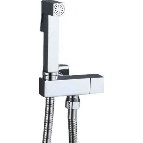 Kit complet complet de douchette de toilette en laiton, XU, Argent, Vanne d'angle en cuivre + pistolet en zinc + tuyau de douche 1,5 m - KZQ