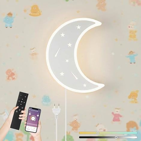 Dimmable LED Wall Light with Remote Control Wall Lamp with Socket Bedside Moon Night Light for Baby Girls or Boys Room, 3000K-6000K, White (1/5)