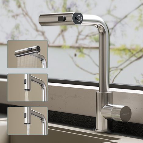 doporro Rubinetto per Cucina, 3 Modalità con Doccetta Estraibile, Rubinetto Lavello Cucina in Acciaio Inossidabile 304 con Cartuccia Ceramica, Tubi e Accesorri, Design Moderno Argento Turnix-02 (1/5)