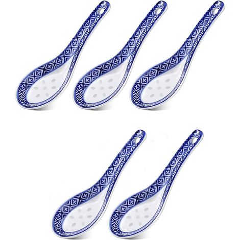Lot de 5 Cuillère, Porcelaine, Bleu et Blanc, Lave-vaisselle, Cuisine, Restaurant