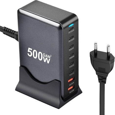 500W Chargeur USB C,8 Ports Multiple GaN Chargeur Secteur avec 6 USB-C et 2 USB-A,Chargeur Rapide Station de Charge Adaptateur Compatible avec Laptop,SteamDeck (1/5)