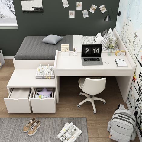 Lit enfant en bois massif pin + MDF blanc 90x200 cm avec bureau, 2 tiroirs et sommier à lattes (sans matelas)