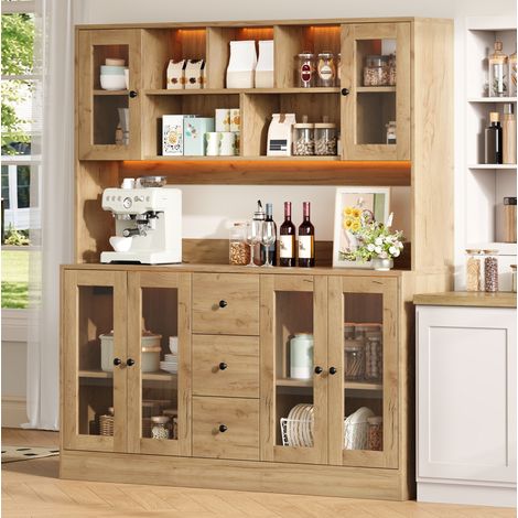 Hoher Küchenschrank 150x40x173 cm in Natur-MDF mit LED und Steckdosen – MEUBLIV (1/5)