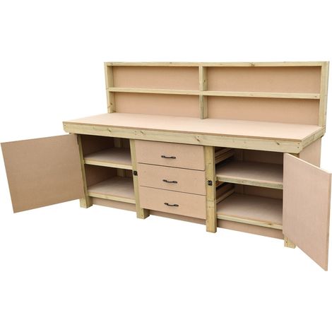 Wooden work bench with drawers and double lockable cupboard (V.8) (H-90cm, D-70cm, L-210cm) with back panel and double shelf