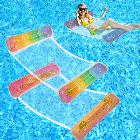 Lit gonflable flottant portable 2 pièces avec fond en filet - Motif à paillettes dégradées, matériau PVC (1/5)