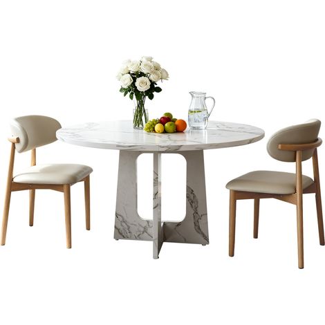 CHICFURN Ensemble table et chaises de salle à manger rond avec 1 table effet marbre blanc 120 cm et lot de 2 chaises rembourrées, pieds en bois clair (1/5)