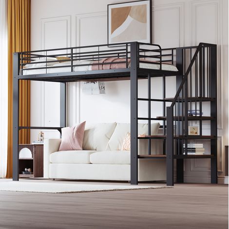 MEUBLIV Lit mezzanine 90x200 cm noir – avec escalier et rangement, sans matelas (1/5)