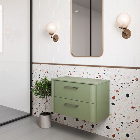Nuie Deco Satin Green 800mm Wall Hung 2 Drawer Vanity Unit with Worktop - DPF895W (1/5)