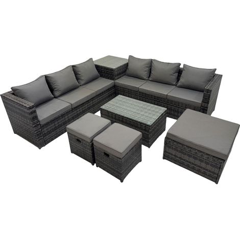 Fimous 9 Seater Garden Outdoor Rattan Furniture Set Patio Corner Sofa Rectangular Coffee Table with Side Table 3 Stool Dark Grey (1/5)